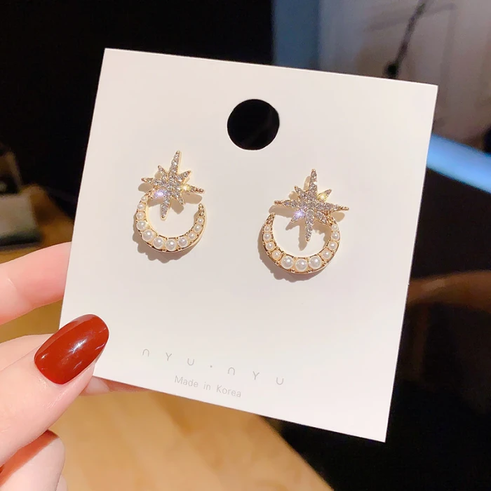Wholesale 925 Silvers Pin Six-Pointed Star Moon Pearl Stud Earrings Female Women Earrings Drop Shipping Gift
