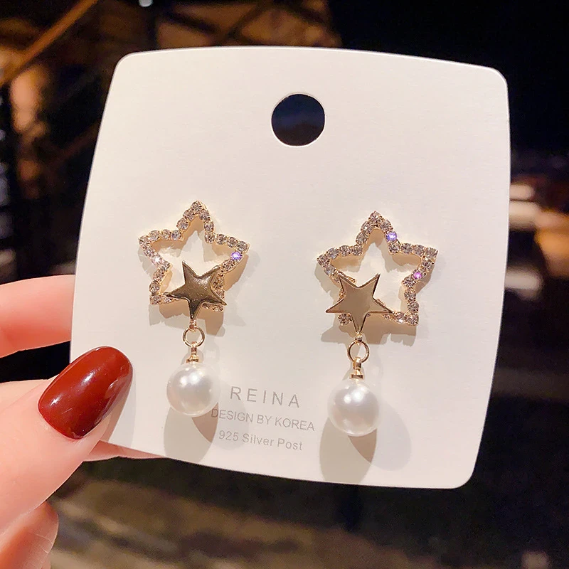 Wholesale 925 Silvers Star Asymmetric Earrings Female Women Pearl Ear Studs Earrings Drop Shipping Gift