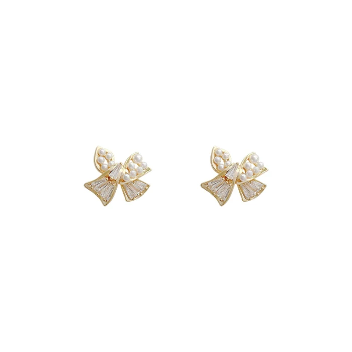 Wholesale Bowknot Earrings For Women Zircon Pearl Stud Earrings Sterling Silvers Pin Jewellery Drop Shipping Gift