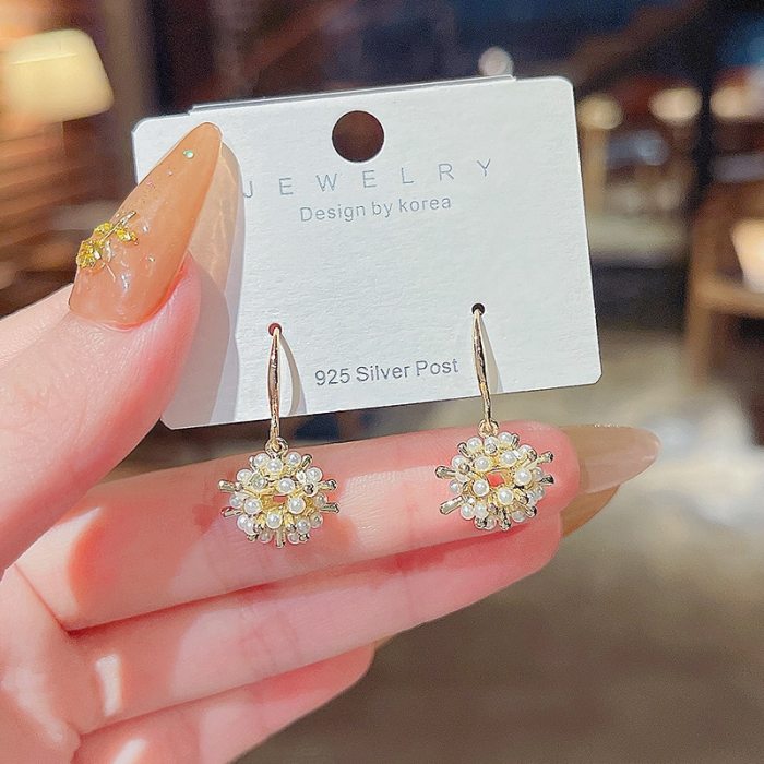 Wholesale Sterling Silvers Pin Pearl Floral Ball Earrings Female Women Stud Earrings Jewellery Drop Shipping Gift