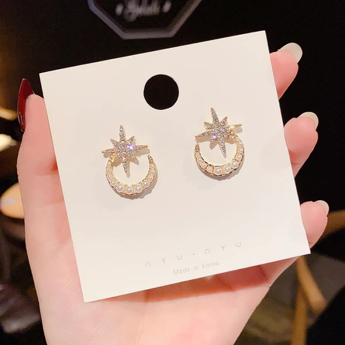 Wholesale 925 Silvers Pin Six-Pointed Star Moon Pearl Stud Earrings Female Women Earrings Drop Shipping Gift