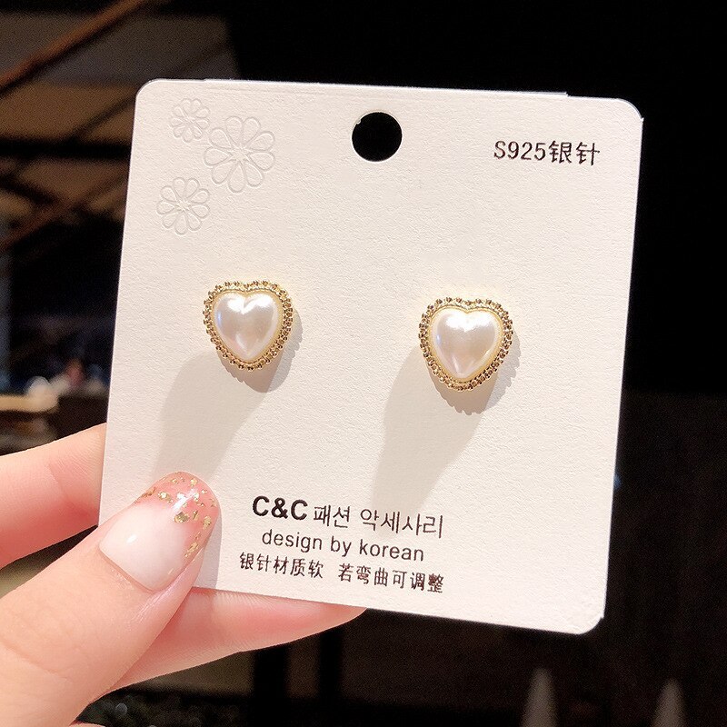 Wholesale Sterling Silvers Pin Heart Pearl Stud Earrings Female Women Earrings Dropshipping Gift