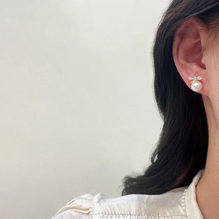 Wholesale Zircon Earrings Female Women Pearl Bow Stud Earrings 925 Silvers Pin Ear Jewelry Dropshipping Gift