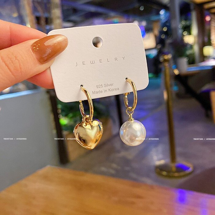 Wholesale Sterling Silvers Pin Asymmetric Heart Pearl Earrings Female Women Circle Stud Earrings Dropshipping Gift