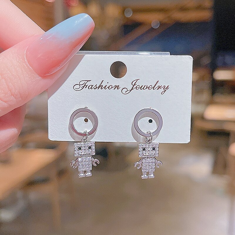 Wholesale Sterling Silvers Pin Robot Ear Clip Earrings Female Women Stud Earrings Dropshipping Gift
