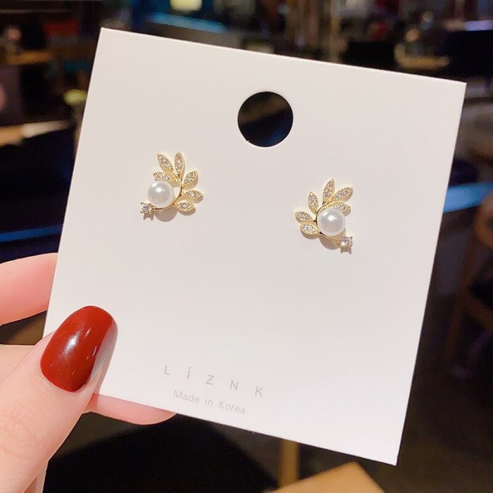Wholesale Sterling Silvers Pin Leaf-Shaped Earring Pearl Stud Earring Earrings Dropshipping Gift