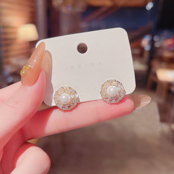 Wholesale Sterling Silvers Pin round Ring Earrings Female Women Pearl Stud Earrings Dropshipping Gift