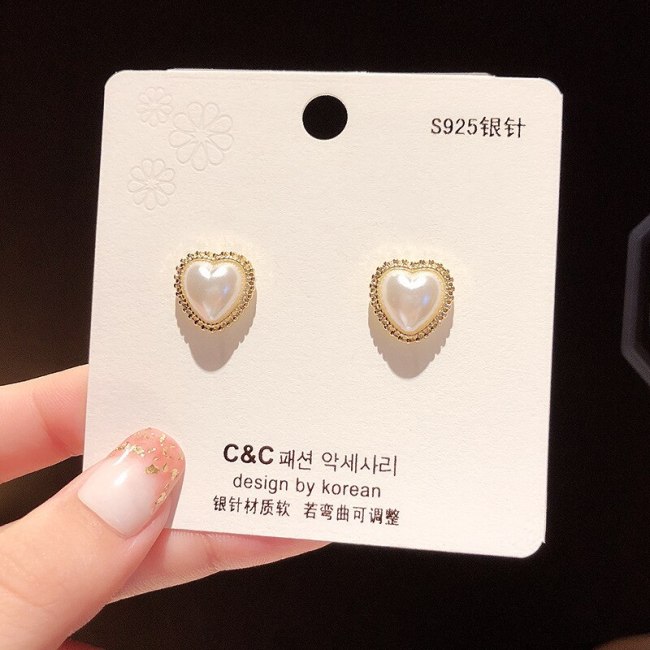 Wholesale Sterling Silvers Pin Heart Pearl Stud Earrings Female Women Earrings Dropshipping Gift