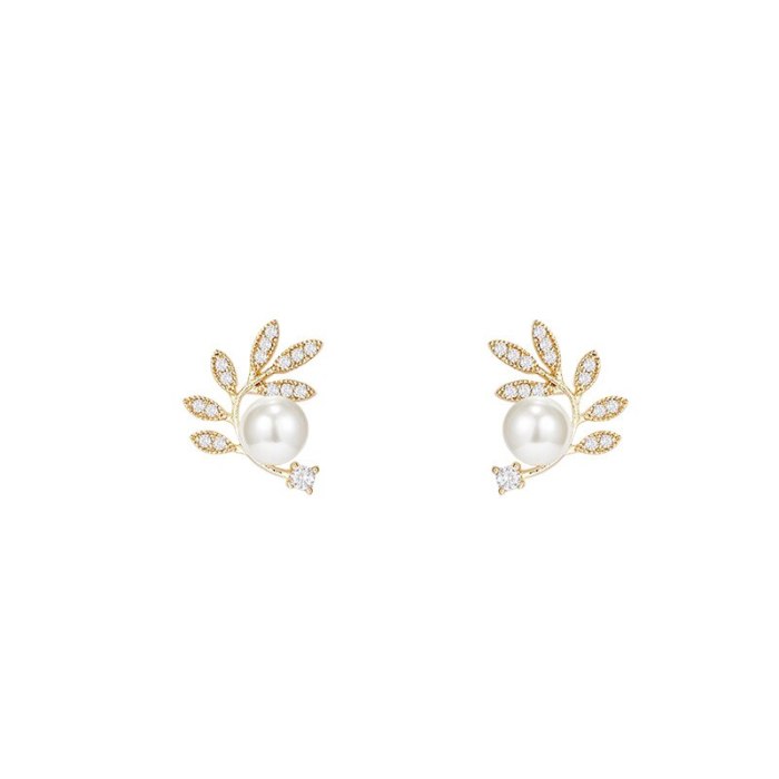 Wholesale Sterling Silvers Pin Leaf-Shaped Earring Pearl Stud Earring Earrings Dropshipping Gift