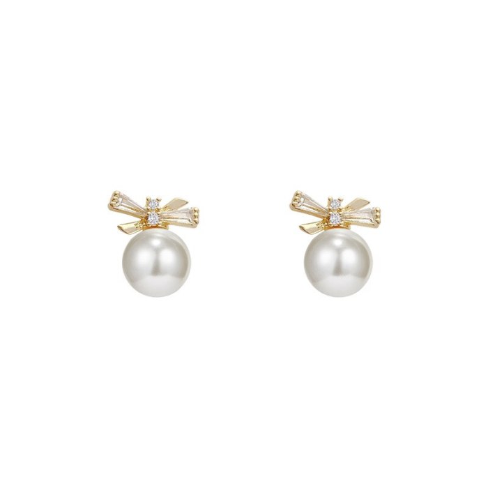 Wholesale Zircon Earrings Female Women Pearl Bow Stud Earrings 925 Silvers Pin Ear Jewelry Dropshipping Gift