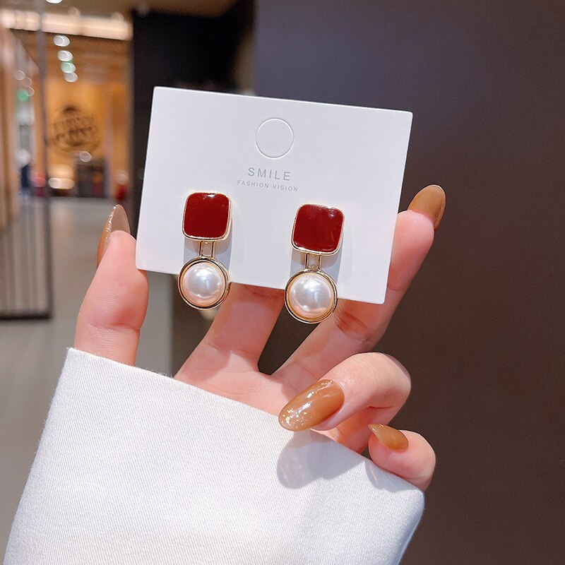Drop Shipping 925 Silvers Post Red Square Pearl Stud Earrings For Women Gift  Jewelry