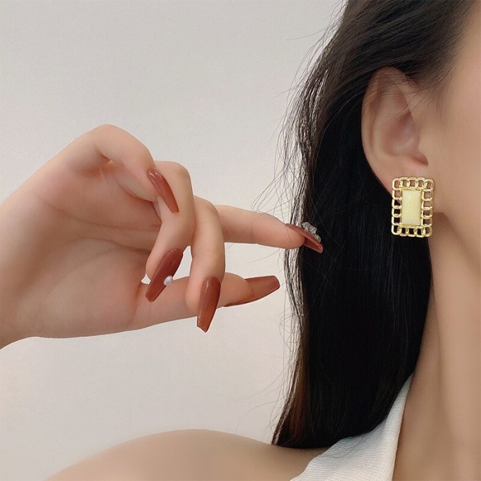 Drop Shipping Sterling Silvers Post Rectangle Mesh Earrings Female Women Girl Lady Stud Earrings Gift  Jewelry