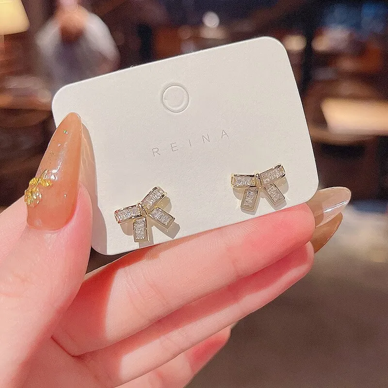 Drop Shipping 925 Silvers Post New Zircon Bow Earrings Female Women Girl Lady Stud Earrings Gift  Jewelry