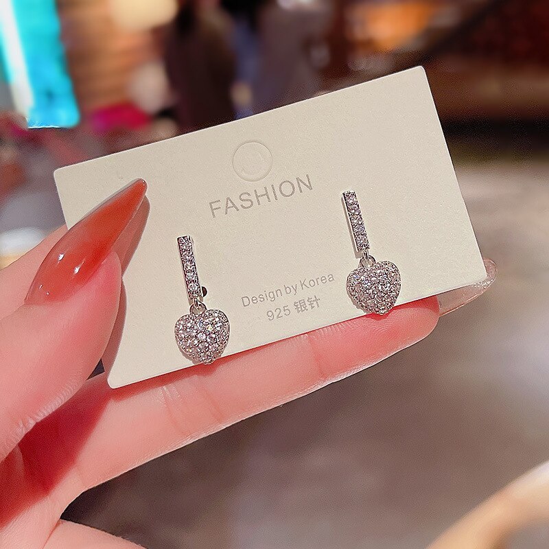 Drop Shipping Sterling Silvers Post New Full Rhinestone Zircon Love Heart Stud Earrings Eardrops Gift  Jewelry