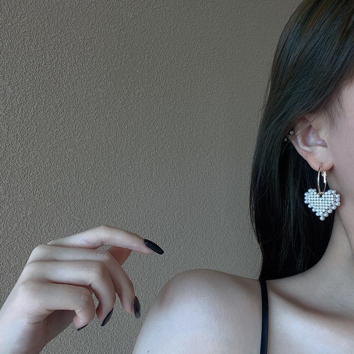 Sterling Silver Post New Double Layers Loving Heart Pendant Earrings For Women Rhinestone Pearl Stud Earrings