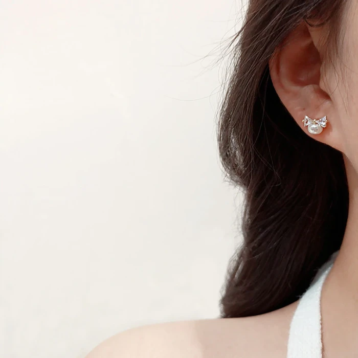 Sterling Silver Post Bowknot Zircon Earrings Female Pearl Eardrops Stud Earrings