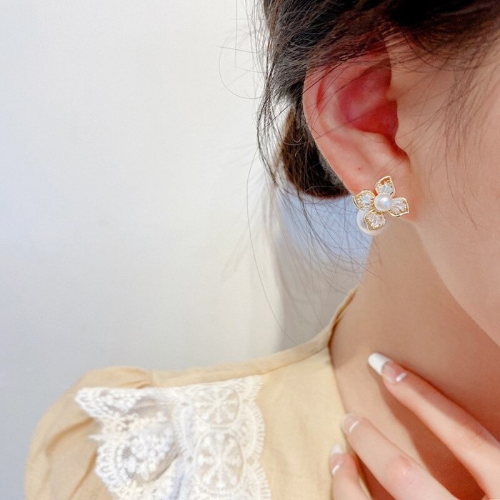 Sterling Silver Post Flower Zircon Earrings Female Stud Earrings Pearl Earrings