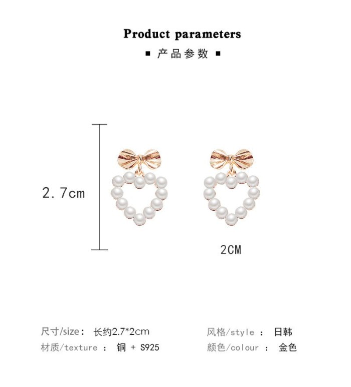 New Bow Love Heart Earrings Women's Pearl Eardrops Earrings