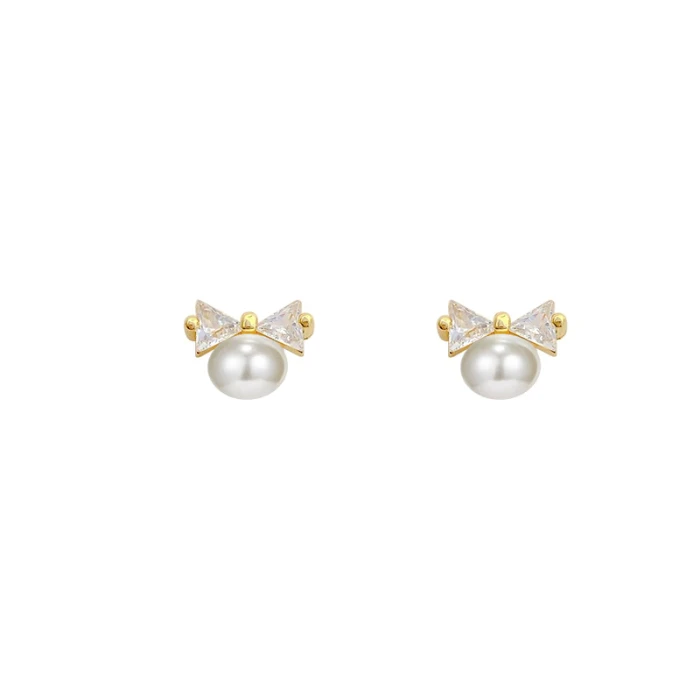 Sterling Silver Post Bowknot Zircon Earrings Female Pearl Eardrops Stud Earrings