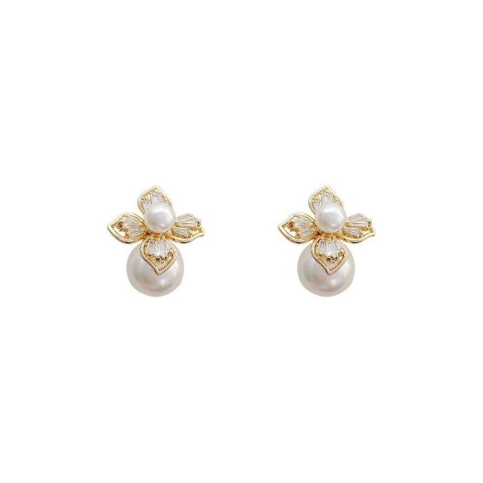 Sterling Silver Post Flower Zircon Earrings Female Stud Earrings Pearl Earrings