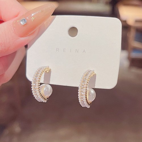 Wholesale Sterling Silver Post Semi-Circle Earrings Female Women Pearl Ear Studs Earrings  Dropshipping Jewelry Gift