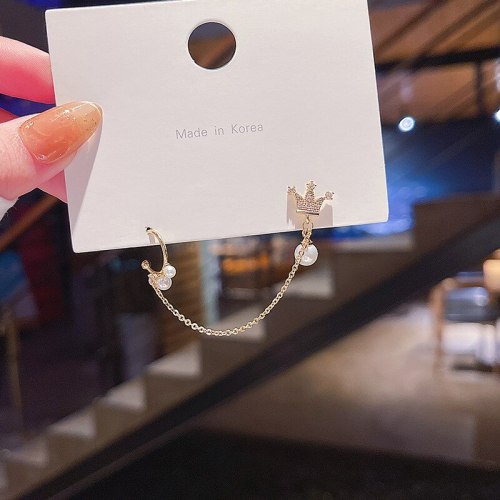Wholesale Sterling Silver Post New Crown Pearl Chain Earrings Female Women Stud Earrings  Dropshipping Jewelry Gift