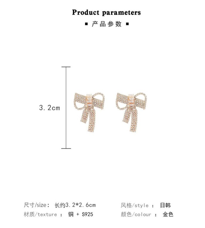 Wholesale 925 Silver Post Full-Jeweled Stud Earrings Bow Long Eardrops Earrings  Dropshipping Jewelry Gift