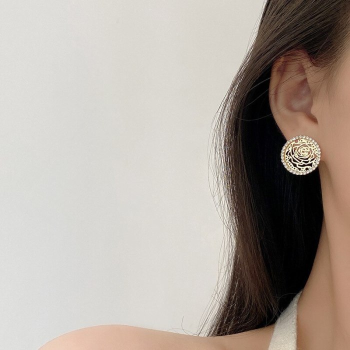 Wholesale New Circle Rhinestone Earrings Female Women Rose S925 Silver Ear Studs Earrings  Dropshipping Jewelry Gift