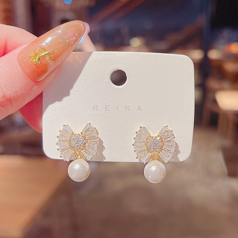 Wholesale Sterling Silver Post Zircon Bow Earrings Female Women Stud Earrings  Dropshipping Jewelry Gift