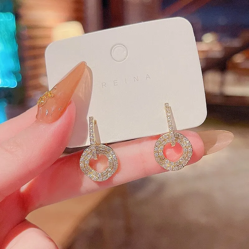 Wholesale Sterling Silver Post Full Diamond Earrings Female Women Circle Ear Studs Earrings  Dropshipping Jewelry Gift