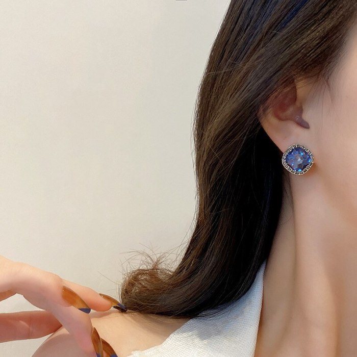 Wholesale Sterling Silver Post New Square Blue Crystal Earrings Female Women Stud Earrings  Dropshipping Jewelry Gift