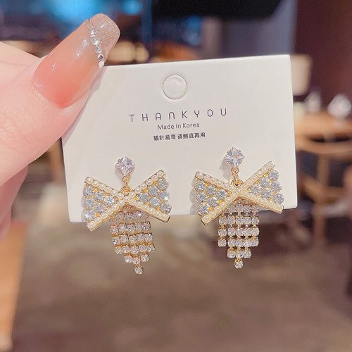 Wholesale Sterling Silver Post Pearl Bow Women Tassel Studs Earrings Dropshipping Jewelry Women Fashion Gift