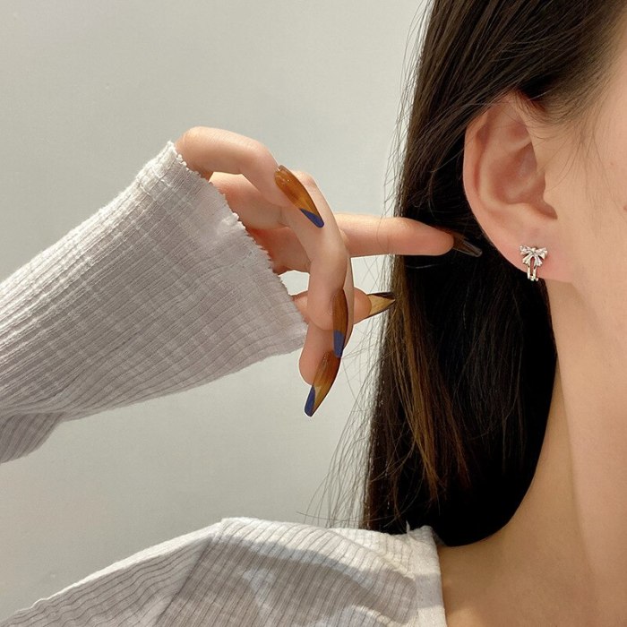 Wholesale 925 Silver Post Ear Clip Zircon Bow Stud Earrings Dropshipping Jewelry Women Fashion Gift