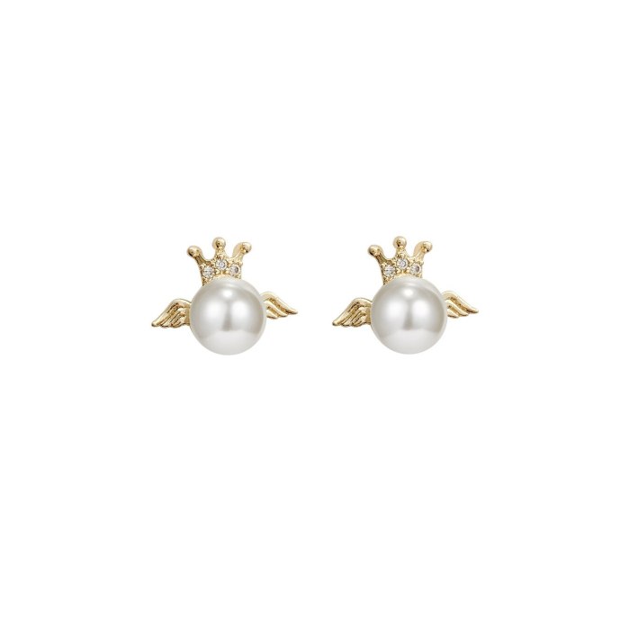 Wholesale Sterling Silver Post Crown Wings Pearl Stud Women Earrings Dropshipping Jewelry Women Fashion Gift