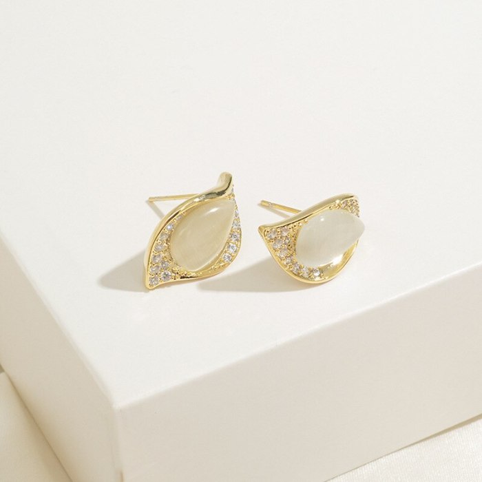 Wholesale Leaves Stud Female Sterling Silver Post Opal Earrings Jewelry Women Gift