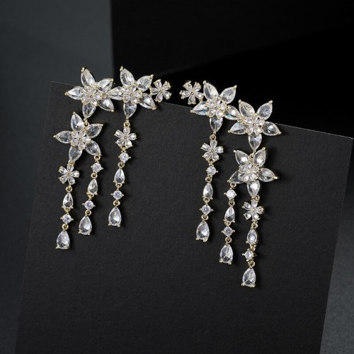 Wholesale Zircon Star Stud Female Sterling Silver Post Long Fringe Earrings Jewelry Women Gift