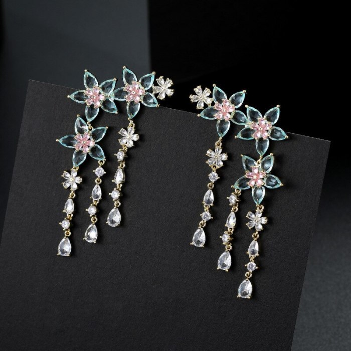 Wholesale Zircon Star Stud Female Sterling Silver Post Long Fringe Earrings Jewelry Women Gift