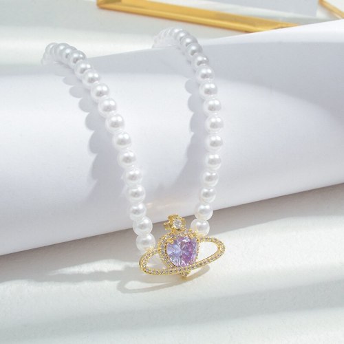 Wholesale New Zircon Peach Heart Planet Necklace For Women Short Pearl Necklace Ornament Dropshipping Jewellery Gift
