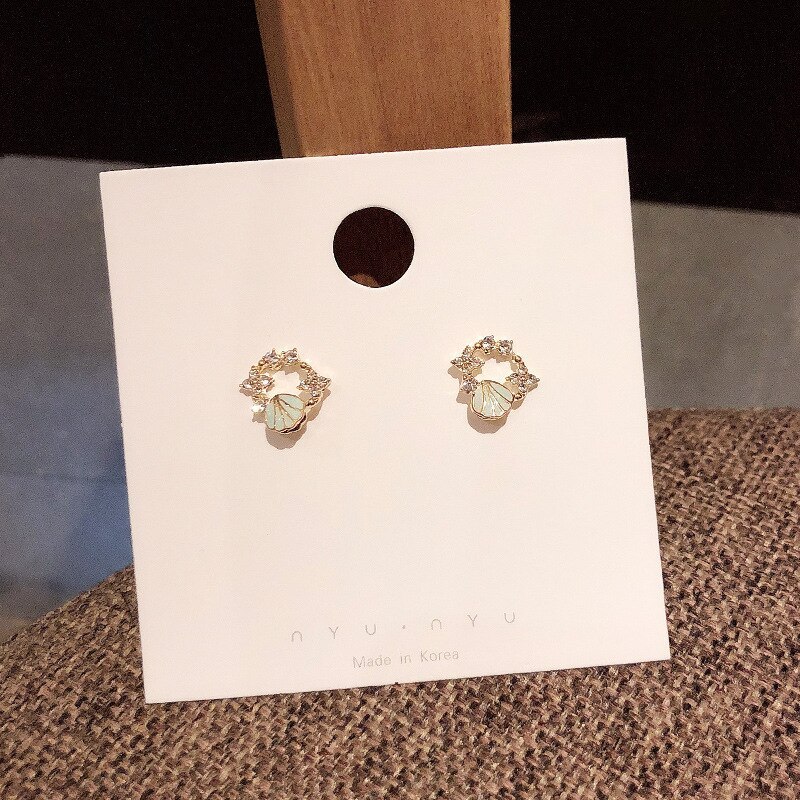 Wholesale Sterling Silver Post Butterfly Zircon Women Shell Stud Earrings Jewelry Women Gift