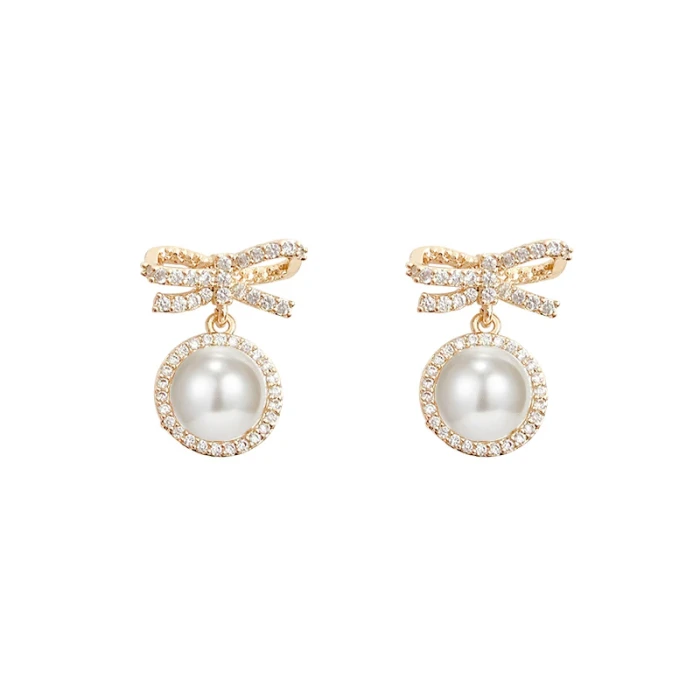 Wholesale Sterling Silver Post Zircon Bow Women Pearl Stud Earrings Jewelry Women Gift