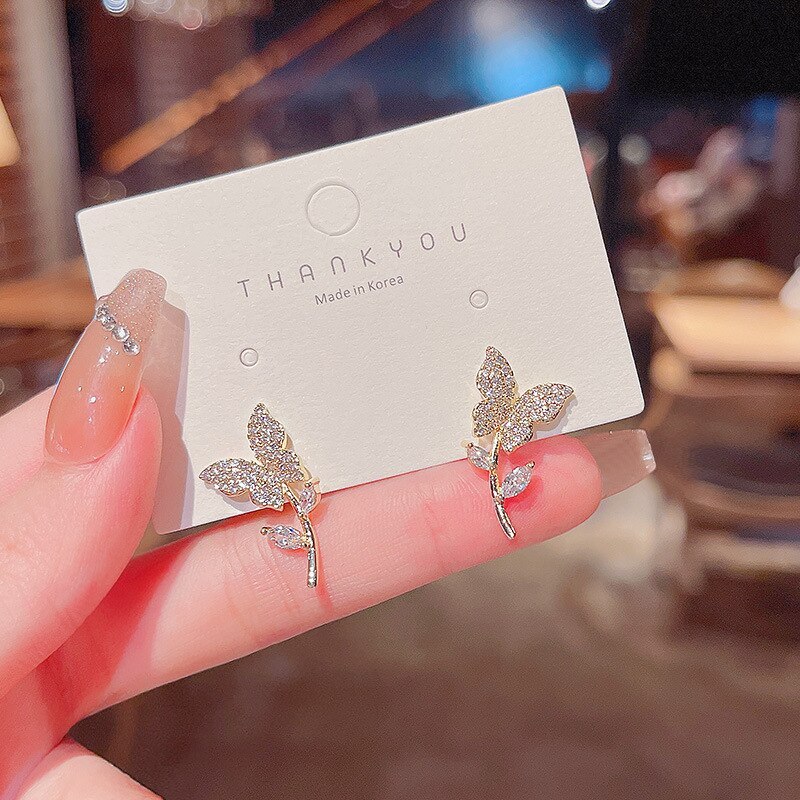 Wholesale 925 Silver Post Butterfly Women Zircon Stud Earrings Jewelry Women Gift