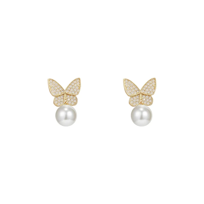 Wholesale Sterling Silver Post Zircon Butterfly Pearl Women Stud Earrings Jewelry Women Gift
