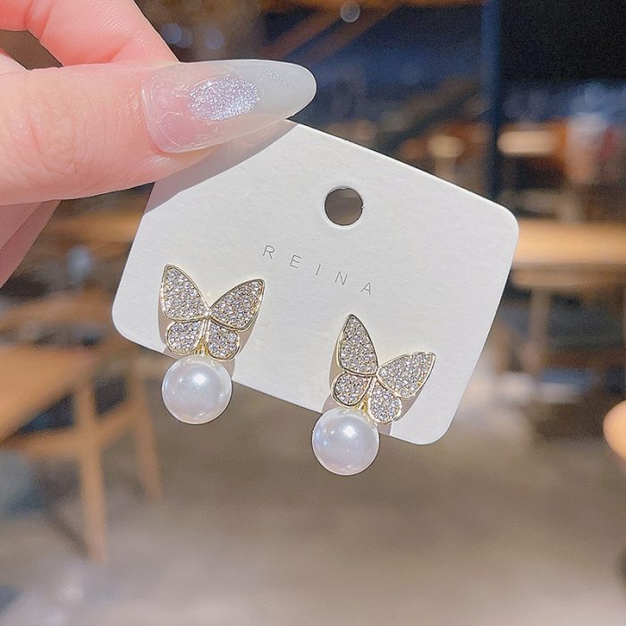 Wholesale Sterling Silver Post Zircon Butterfly Pearl Women Stud Earrings Jewelry Women Gift