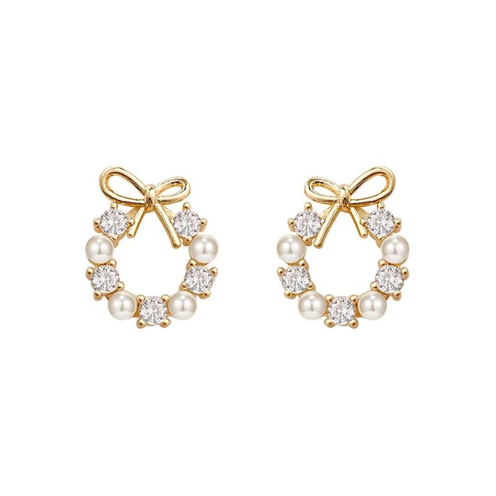 Wholesale Sterling Silver Post Fashion Bow Pearl Zircon Women Stud Earrings Jewelry Women Gift
