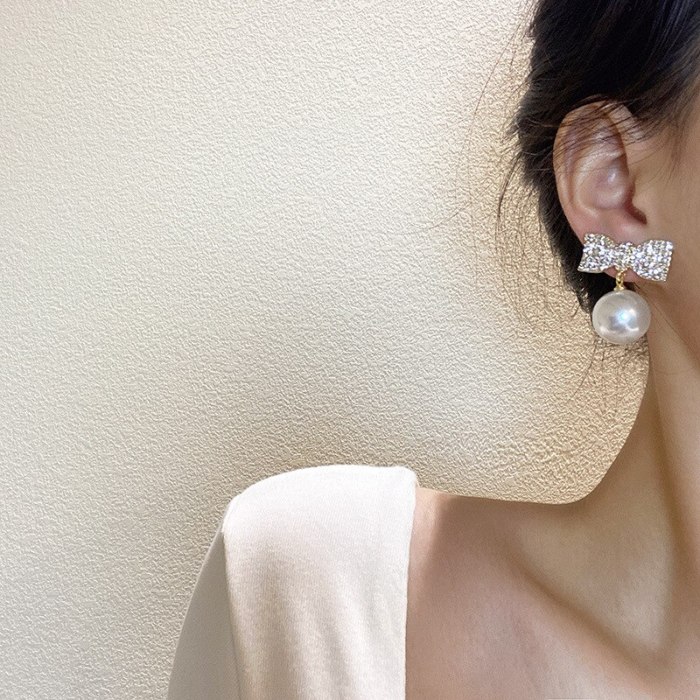 Wholesale Sterling Silver Post Bowknot Women Pearl Eardrops Stud Earrings Jewelry Women Gift