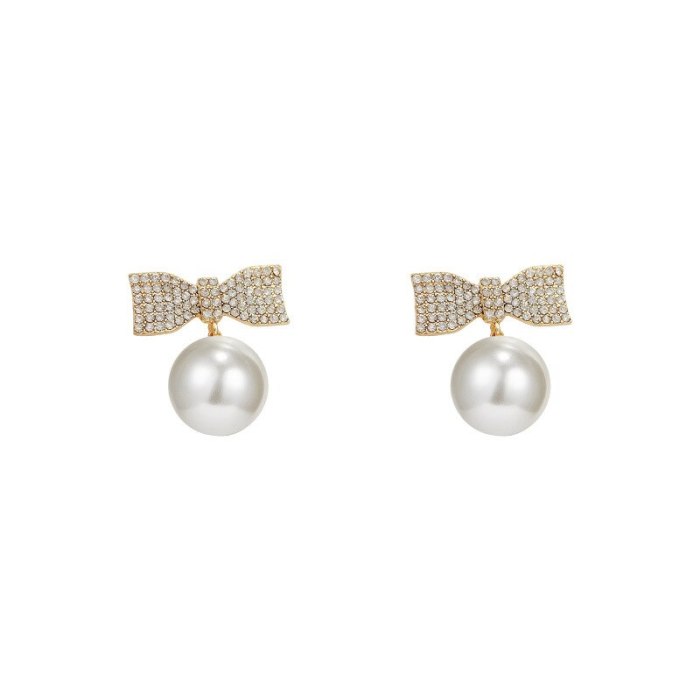 Wholesale Sterling Silver Post Bowknot Women Pearl Eardrops Stud Earrings Jewelry Women Gift