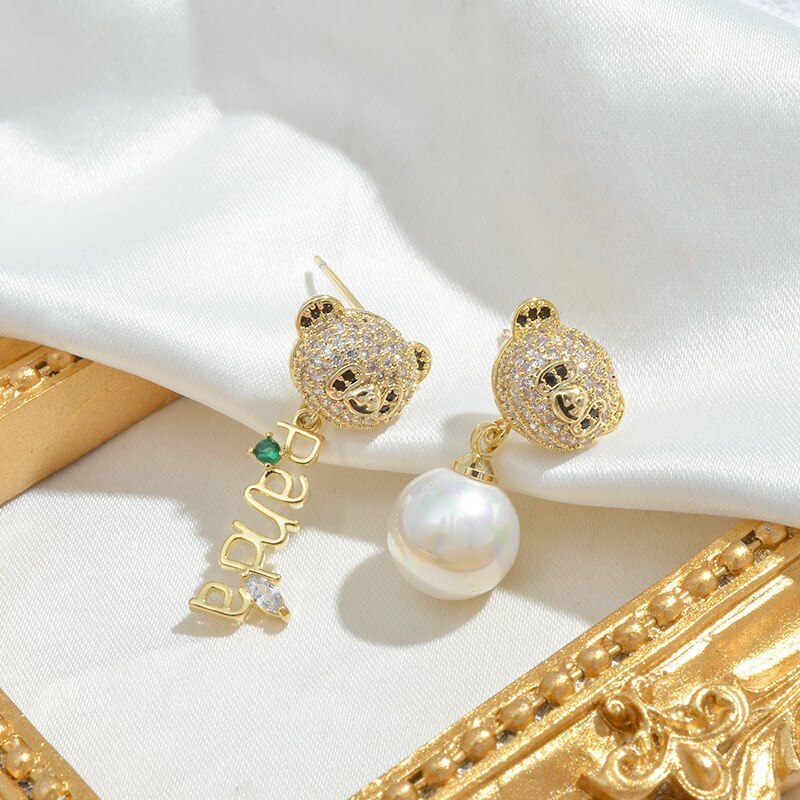 Wholesale Sterling Silver Post Bear Stud Female Zircon Alphabet Letter Earrings Pearl Earring Ornament Dropshipping Jewelry
