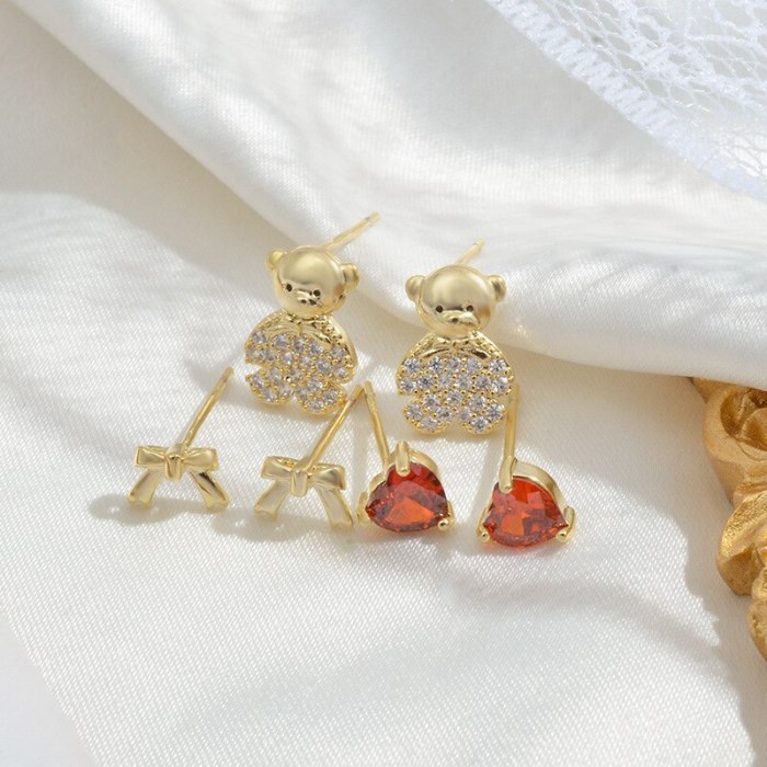 Wholesale Sterling Silver Post Zircon Bear Three-Piece  Stud Earrings Peach Heart Bow Earrings for Women Dropshipping Jewelry