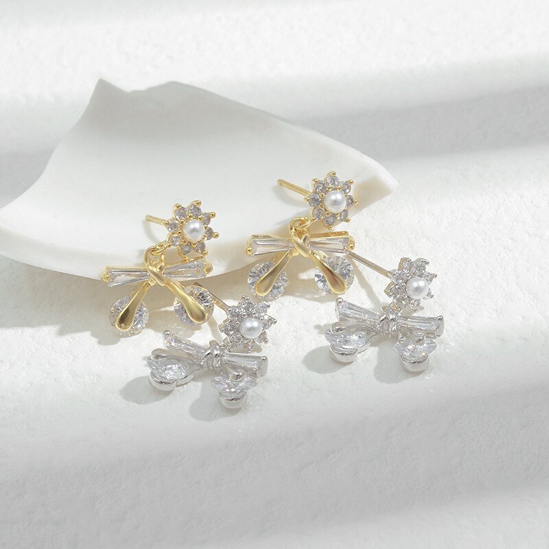 Wholesale Sterling Silver Post Zircon Bow Stud Earrings Women's Pearl Earrings Ornament Dropshipping Jewelry