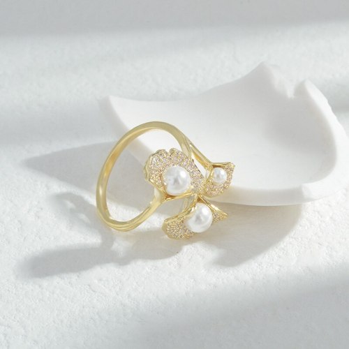 Wholesale Ginkgo Leaf Pearl Index Finger Ring Female Open Ring Dropshipping Jewelry